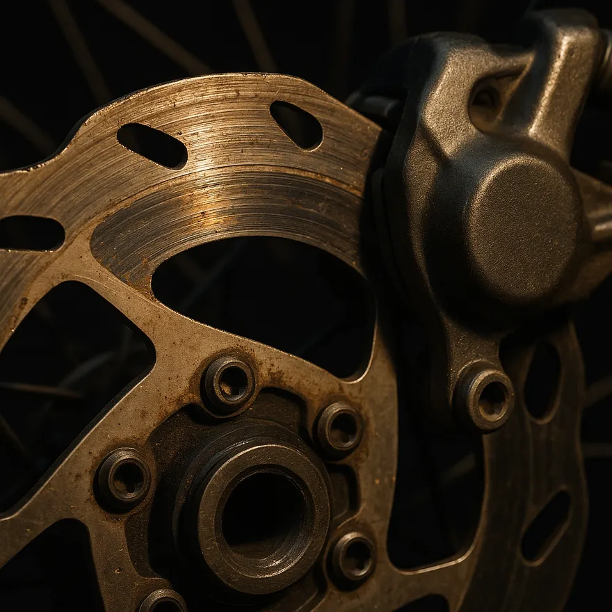 Close-up of a bicycle showing brakes squeal or feel weak