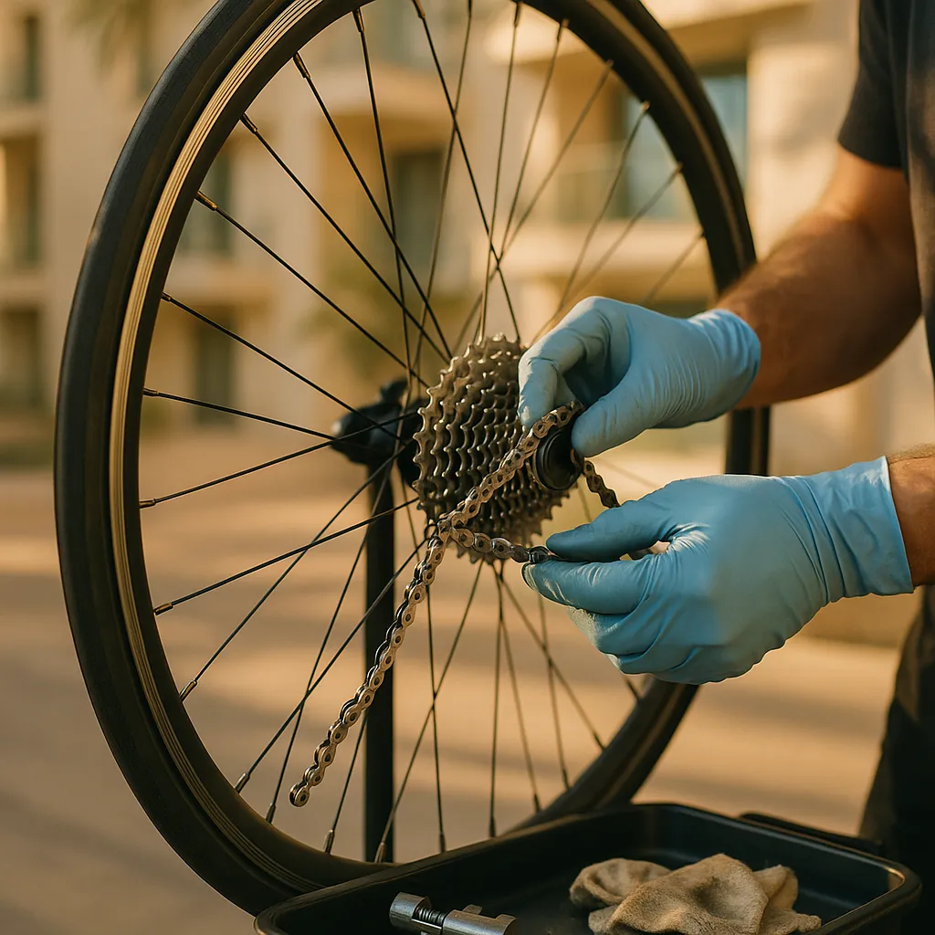 A mechanic in gloves threading a bicycle chain onto a cassette