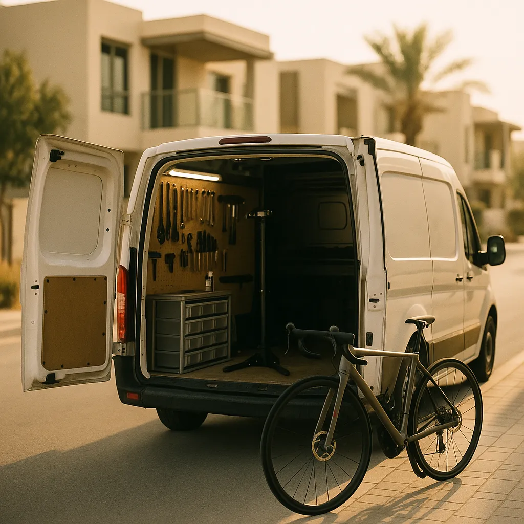 A compact service van with its rear doors open, fitted with a bicycle workstand, tool pegboard and parts drawers