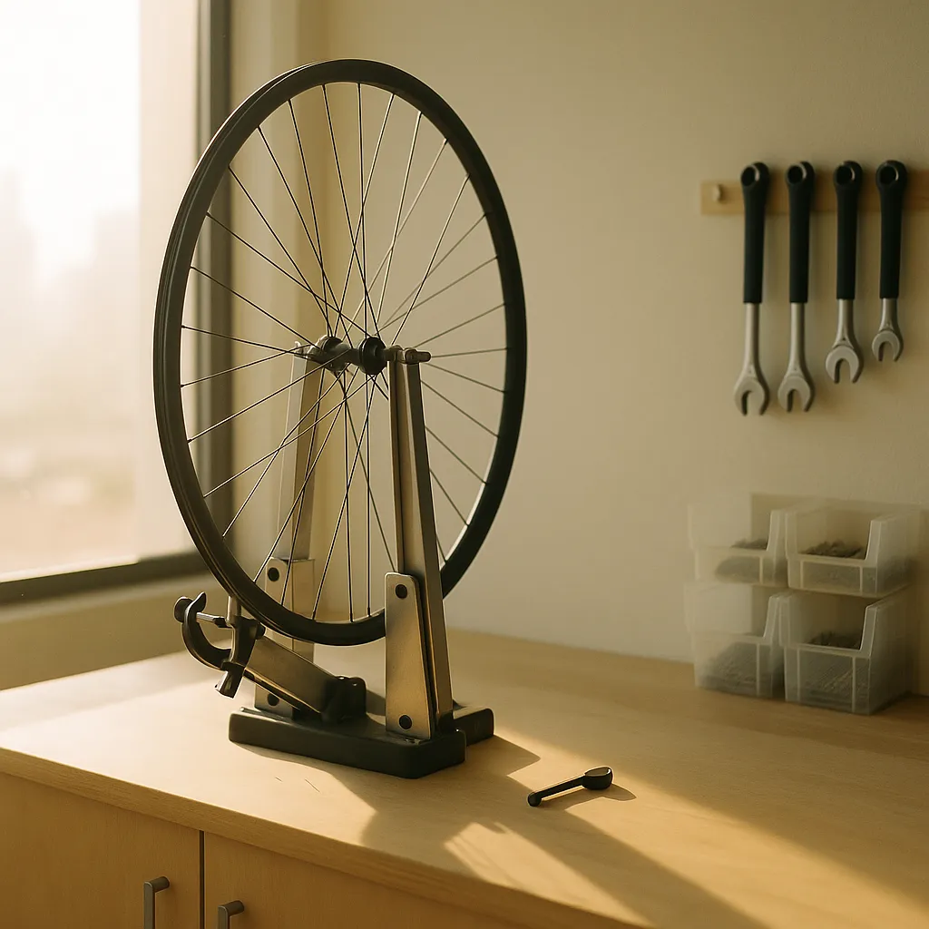A bicycle workshop bench with a wheel truing stand, torque wrenches and a partly built wheel