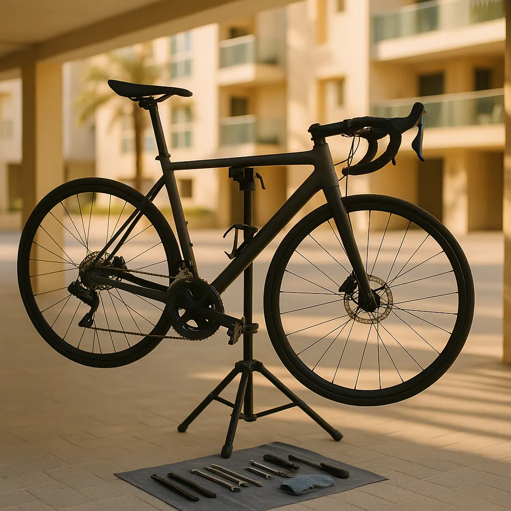 A road bicycle on a portable repair stand in a shaded residential car park, tools laid out on a mat